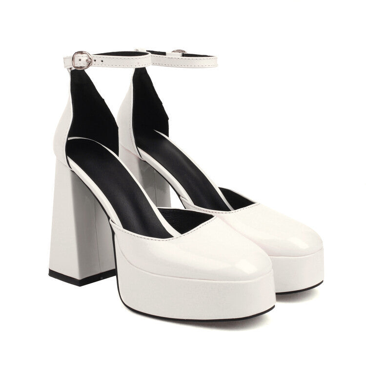 European And American Style Patent Leather Round Toe Waterproof Platform Thick Heel High Heels