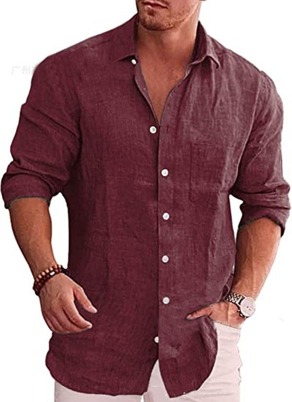 Men's Loose Plus Size Solid Color Shirt Linen Lapel Long Sleeve Casual Shirt