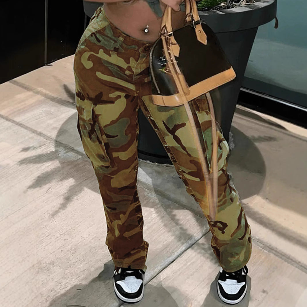 Ins Style High Waist Straight Multicolor Camouflage Overalls