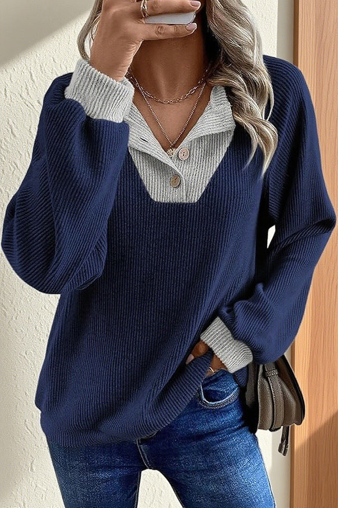 Women's Color Matching Casual Loose Shoulder Long-sleeved Top