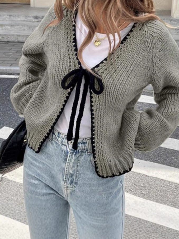 Lace-up Sweater Solid Color Loose Long Sleeves Jacket