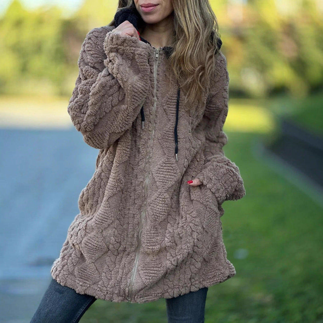 Hooded Solid Color Fur Zip Long Sleeve Coat Women