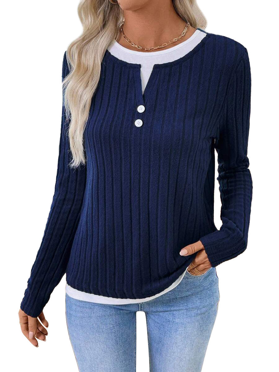 Women's Fake Two-piece Round Neck Button Pullover Grinding Sweater