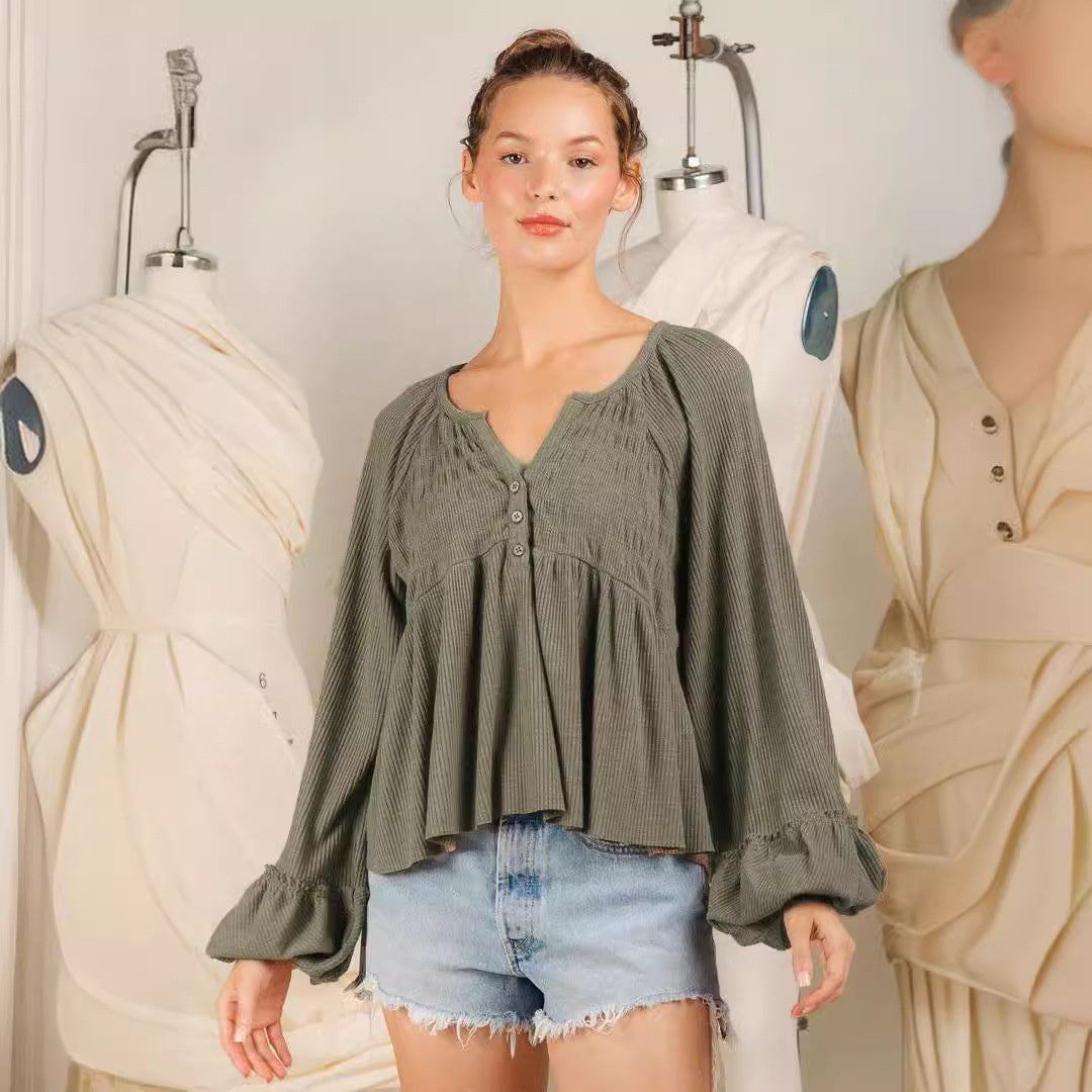 Women's Fashionable Pleated Sunken Stripe Knitted Bottoming Shirt