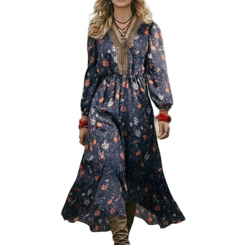 Women's Long Sleeve Vintage Print Long Dress