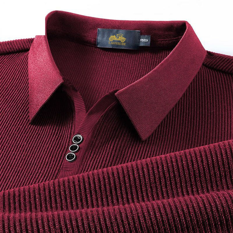 Vertical Texture Button Access Control Collar T-shirt