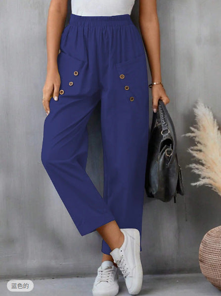 Women's Cotton And Linen Trousers Fashion Street Style Solid Color Pocket Elastic Waist Comfortable Casual Pants