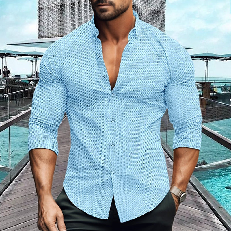 Camicia a maniche lunghe da uomo europea e americana in tinta unita