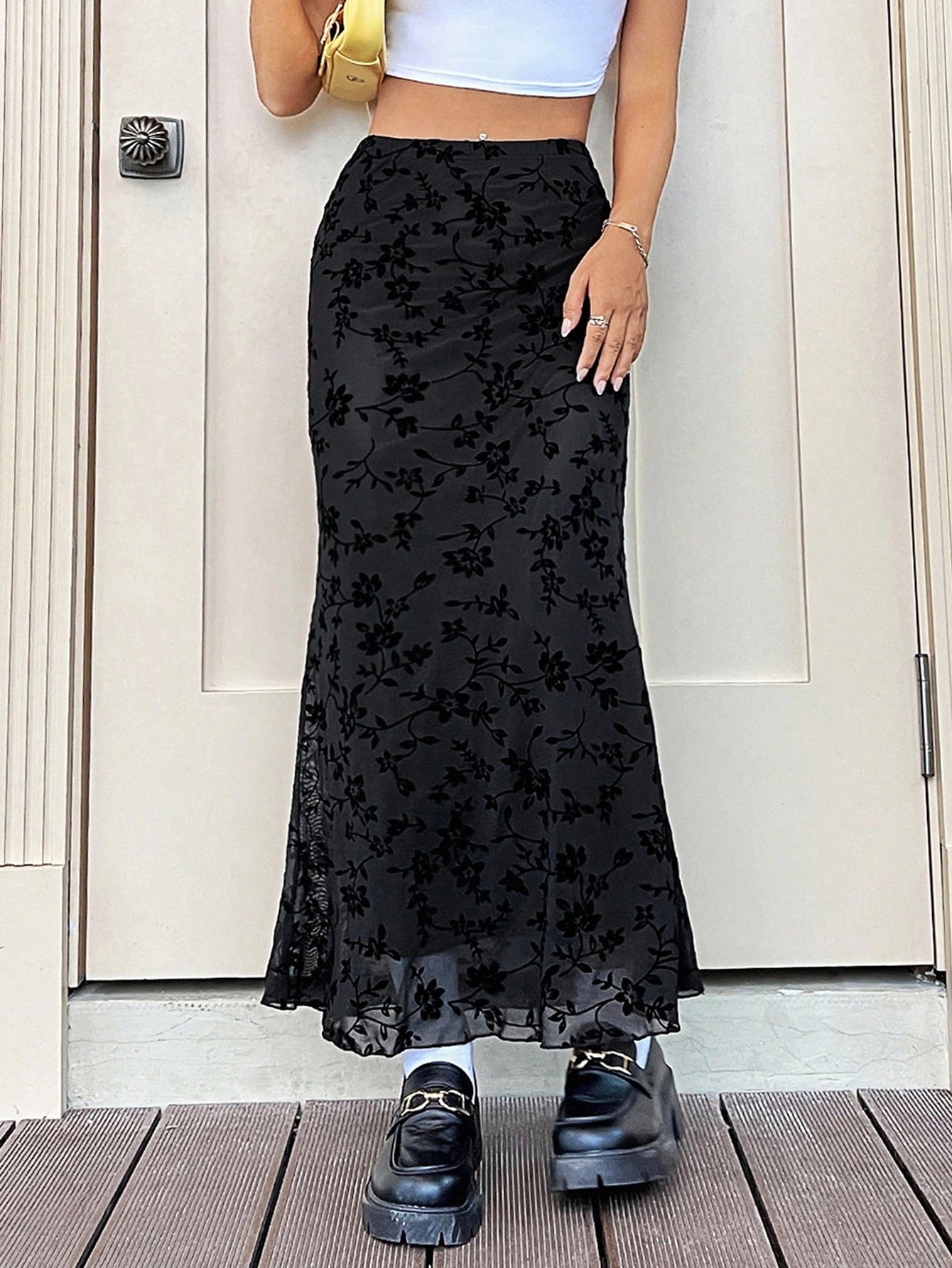 Gonna a sirena a mezza lunghezza con stampa floreale verde scuro per donna