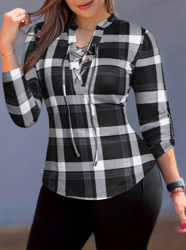 Women's Plaid Notch Neck Criss Cross Tie Short Sleeve T-Shirt