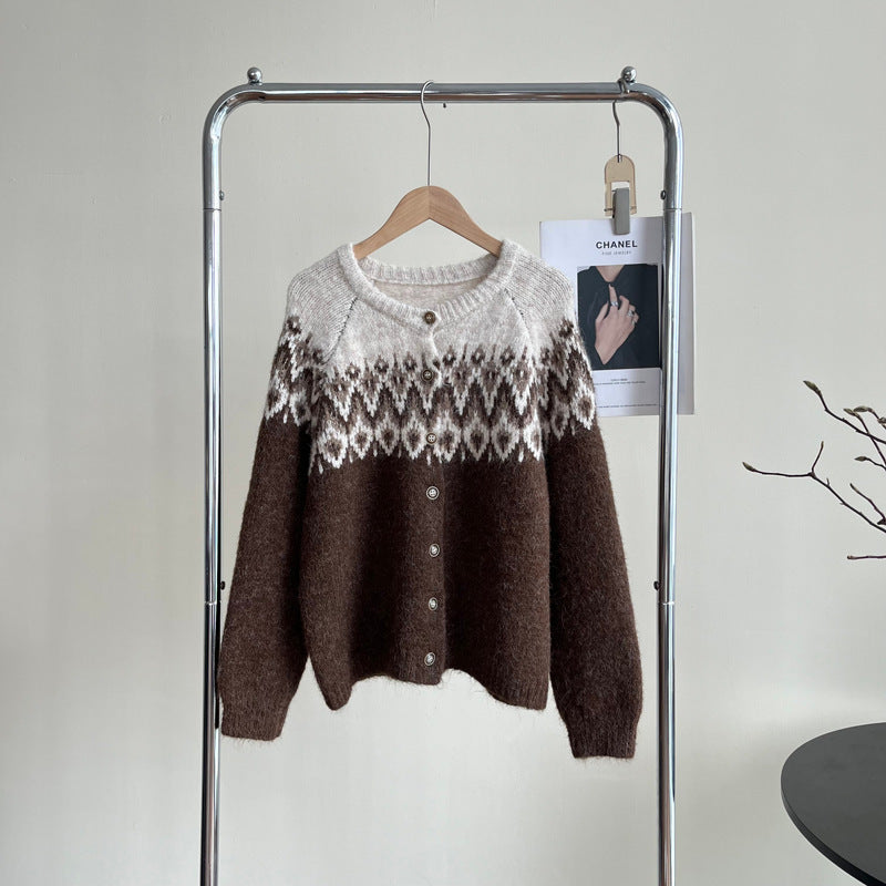 Cappotto in maglia spessa jacquard a contrasto di colore da donna