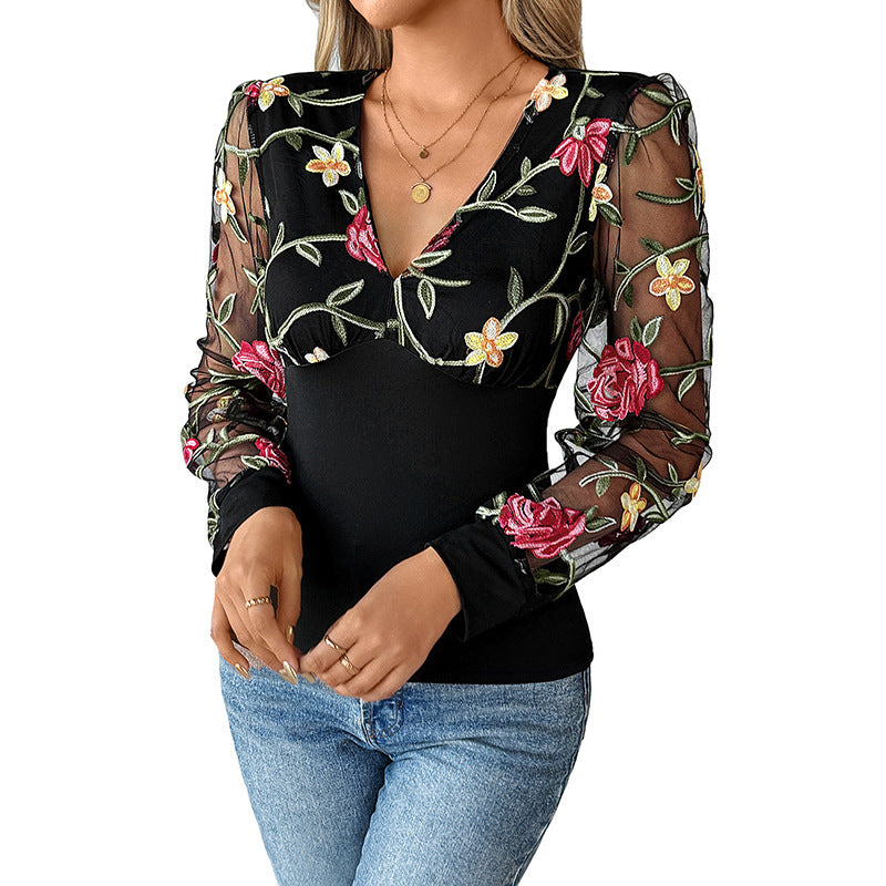 V-neck See-through Embroidery Stitching Long Sleeve T-shirt