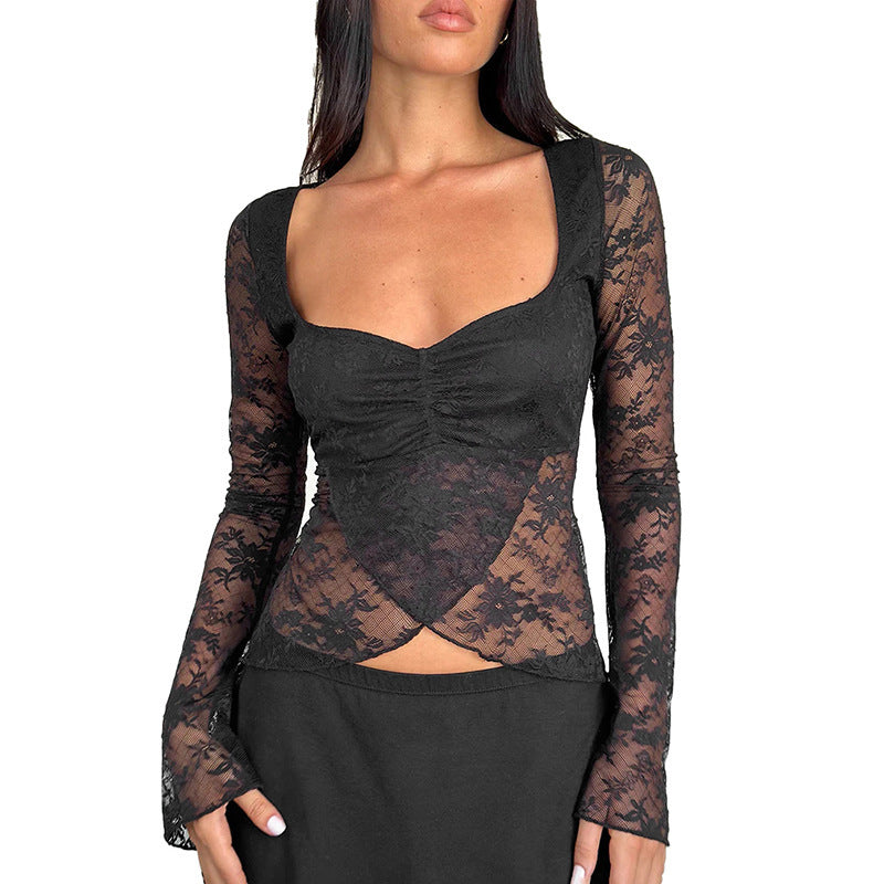 European And American Style Elegant Slim Fit Sexy Style Slit Lace Smock Top Women