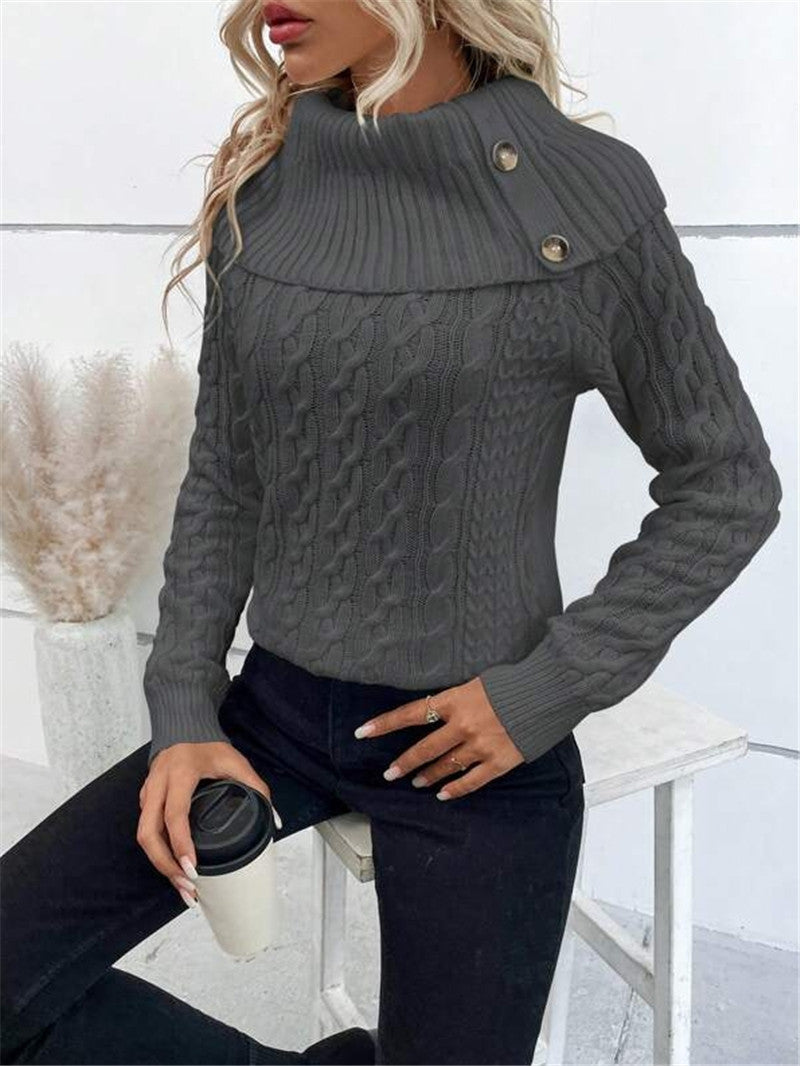 Twisted Knitted Turtleneck Buttons Raglan Sleeve Sweater