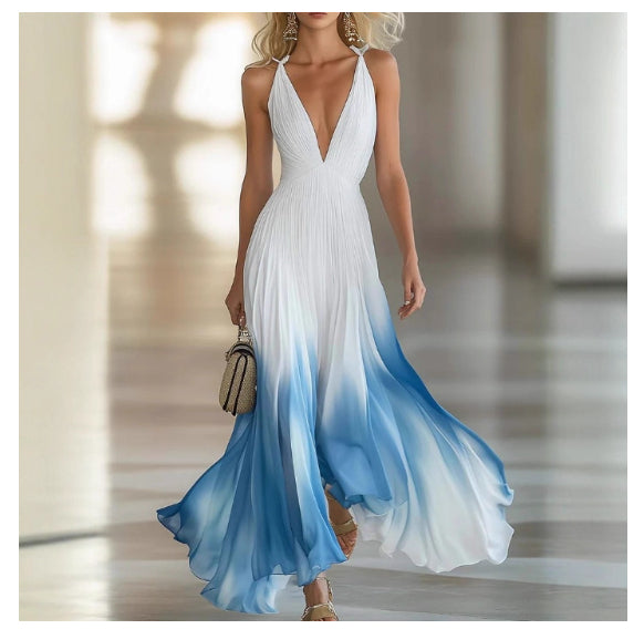 Elegant And Flowing Pleated Blue Chiffon Dress For Women