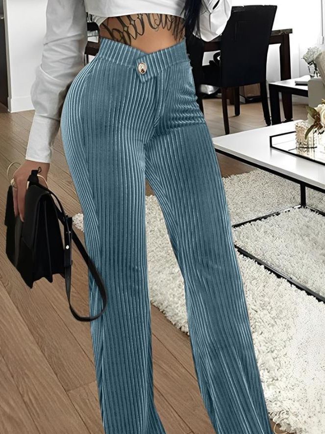 Fashionable Gold Velvet Striped Casual Women's Pants