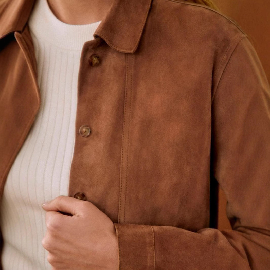 Giacca a camicia in similpelle scamosciata con collo a scialle