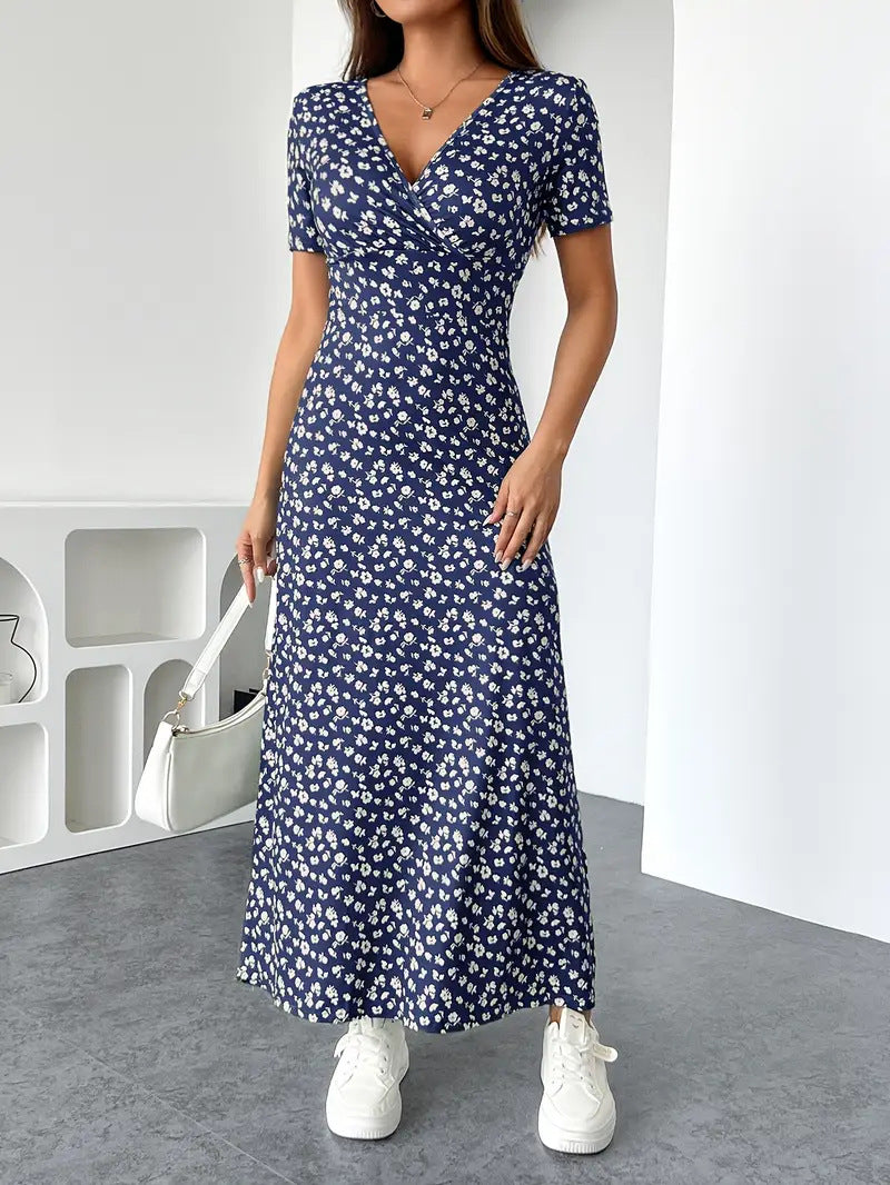 Womens Short-Sleeve Mid-Length Floral V-Neck Dress