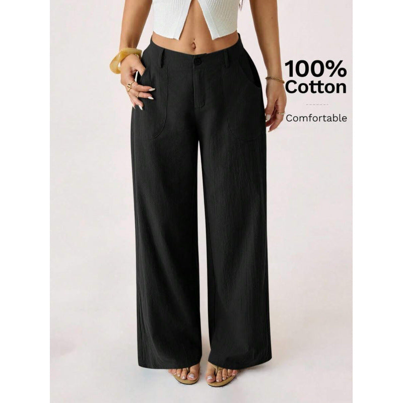 Nuovi pantaloni ampi da donna in misto cotone-lino a vita media, casual, per il pendolarismo