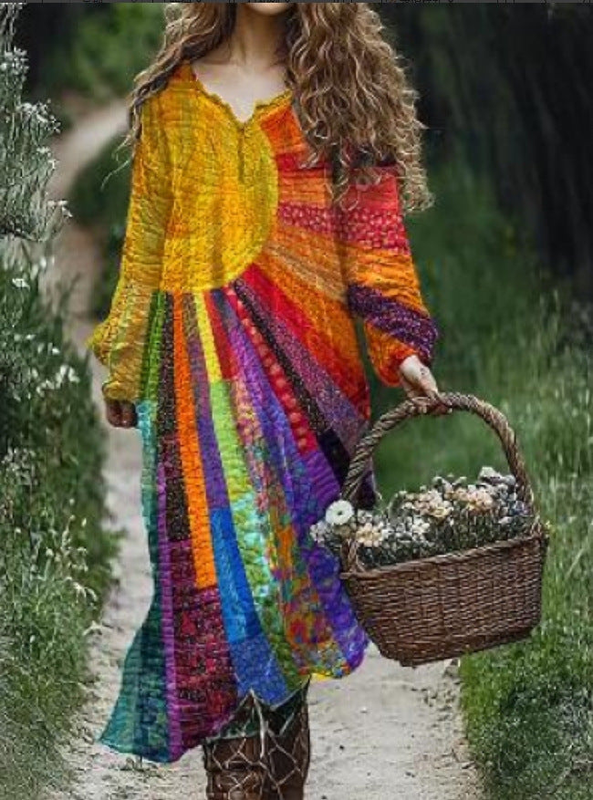 Vintage Printed V-neck Multi-color Long Sleeve Dress