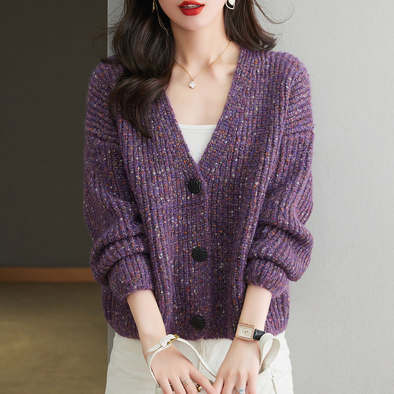 Colorized Sweater V-neck Knitted Jacket Women's Single-breasted Loose