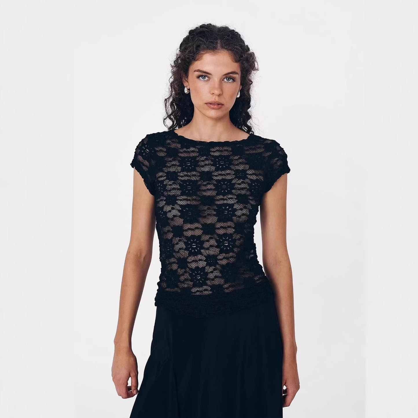 Top da donna sexy e alla moda, aderente con pizzo traforato