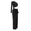 Vestito da donna a maniche lunghe con spacco obliquo a spalla scoperta, elasticizzato