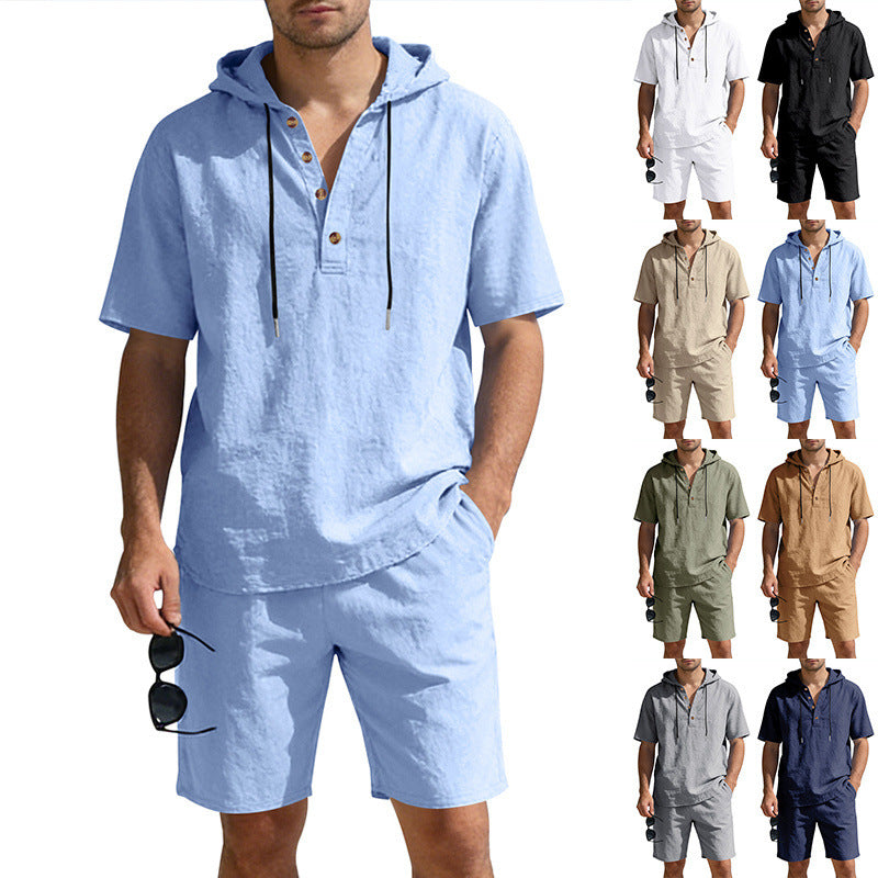 Completo casual da uomo in lino, ampio e traspirante con cappuccio