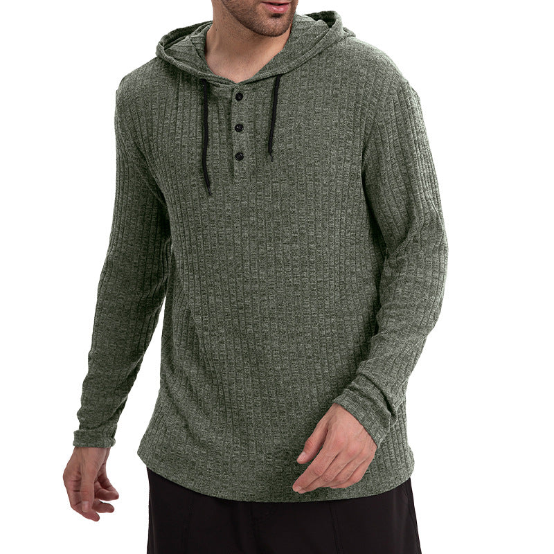 Long-sleeve Casual Pullover Hoodie With Drawstring And Buttons