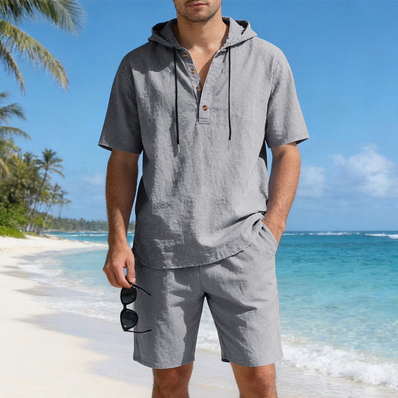 Completo casual da uomo in lino, ampio e traspirante con cappuccio
