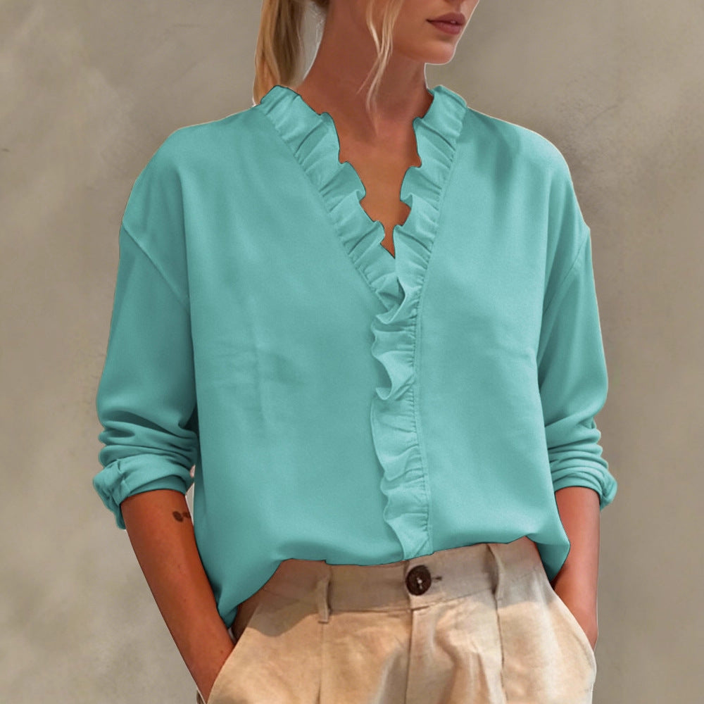 Camicetta da donna casual a maniche lunghe con scollo a V e bordo in pizzo