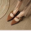 French Style Pointed Toe Shallow Mouth Low Heel Buckle Leather Shoes