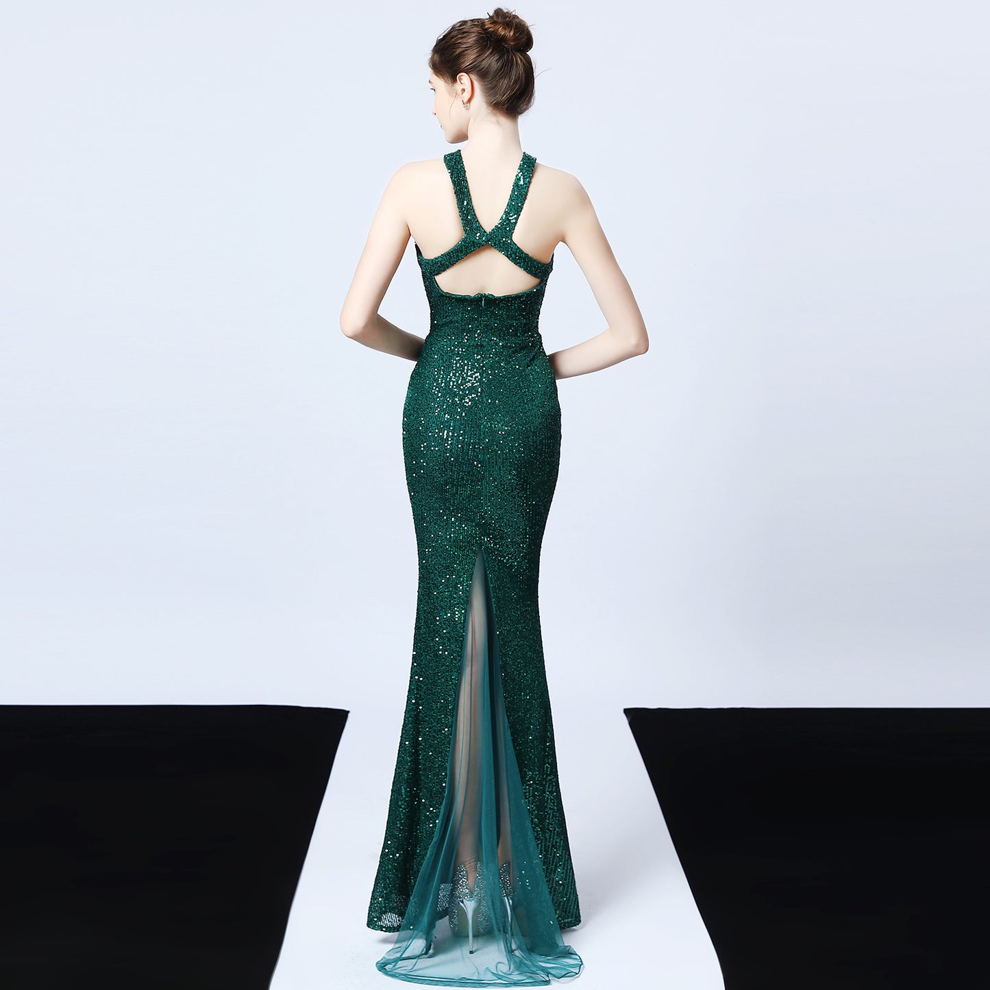 Abito da sera con paillettes, lungo, aderente, a sirena