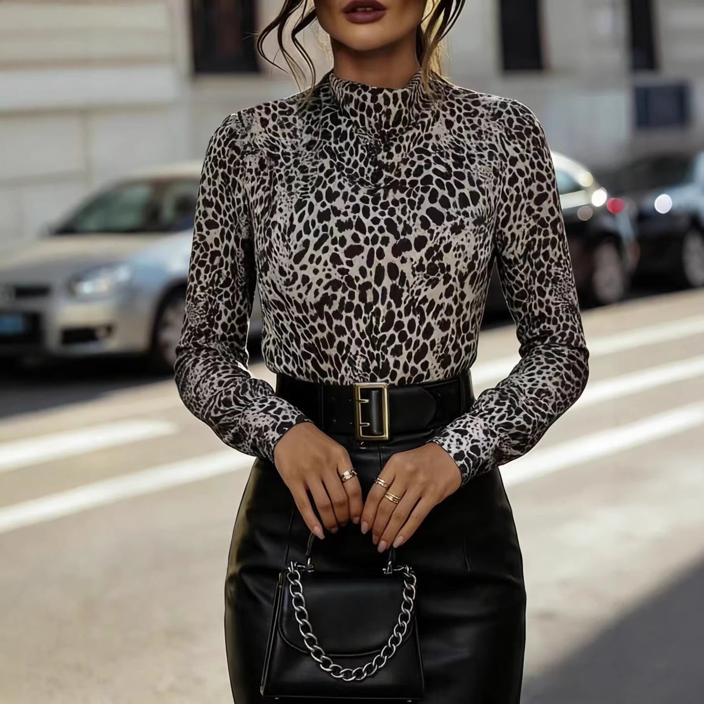 Retro Stand-Up Collar Fashion Commuter Printed Top