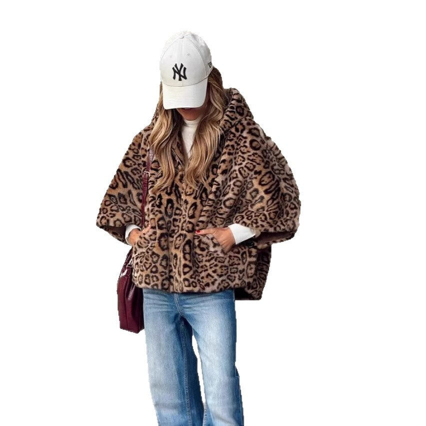 Women's Leopard Print Hooded Fur Coat With Zipper Comfortable Loose Autumn And Winter