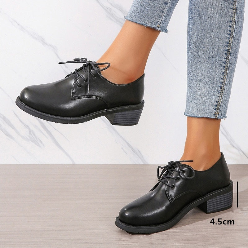 Work Black Professional Soft Sole Leather Thick Heel Women's Shoes