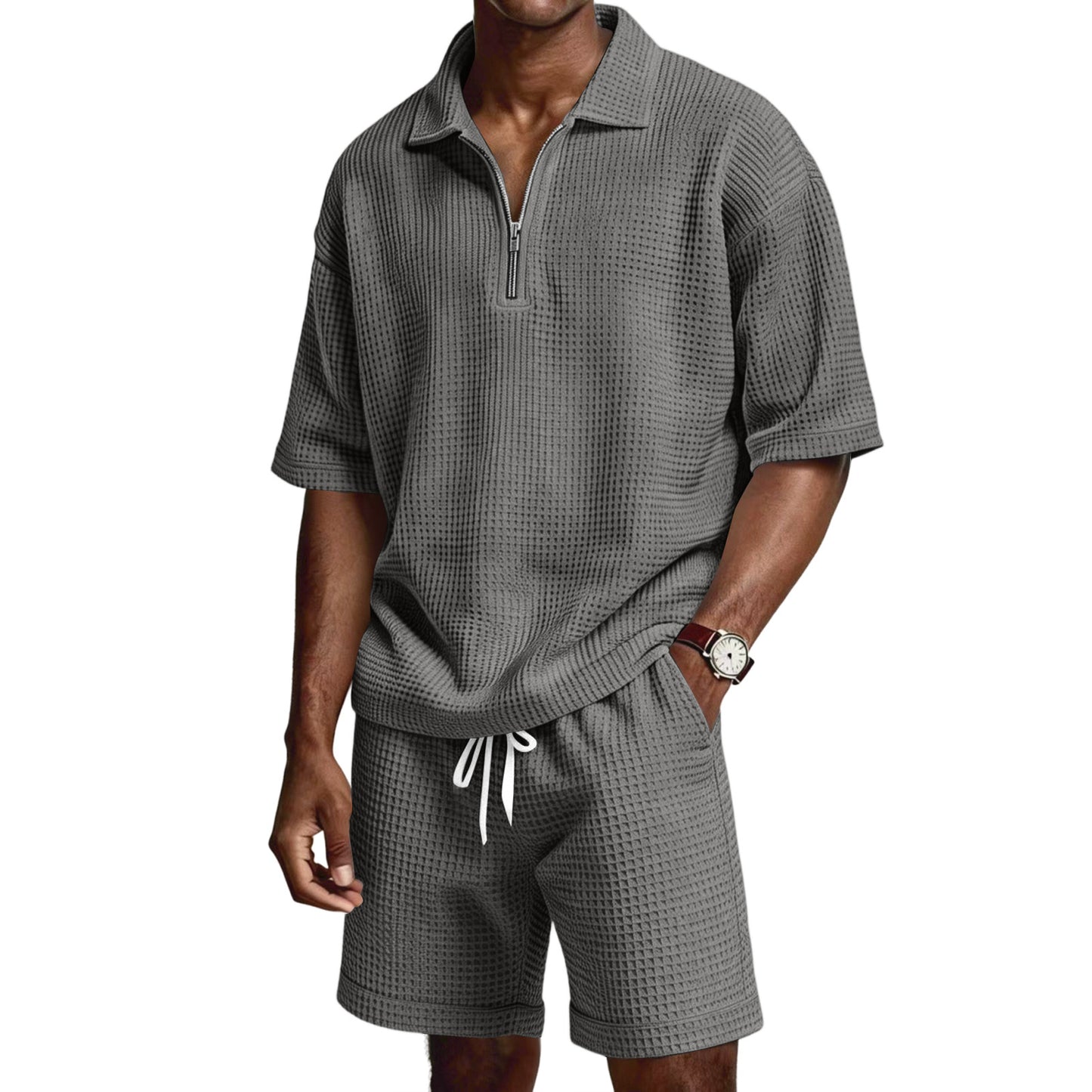 Completo da uomo con pantaloncini e cerniera a maniche corte