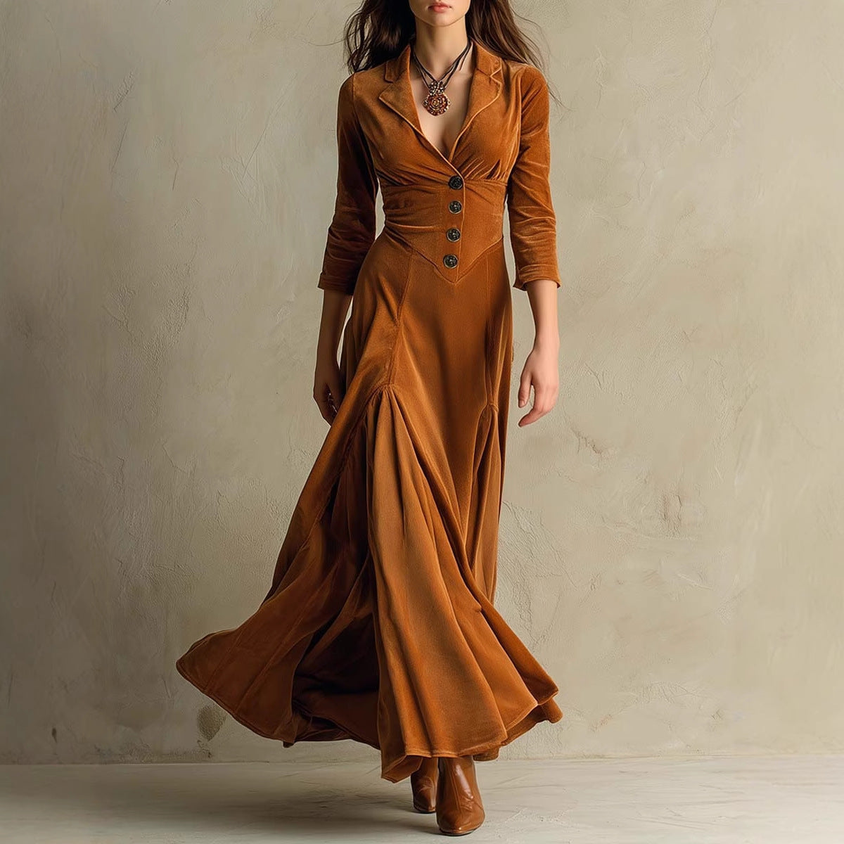 Solid Color Buttons Lapel 34 Sleeve Maxi Dress Waist Expansion Skirt