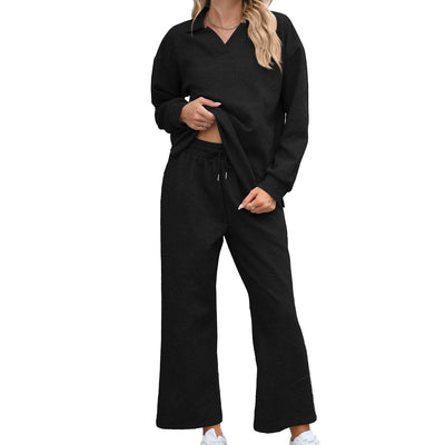 New Solid Color Lapel Long Sleeve Sweater Elastic Waist Pants Suit