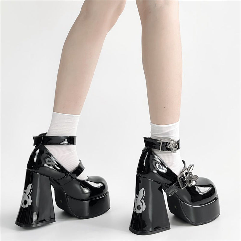 Light Luxury High Heels Women's Nude White Chunky Heel Mary Jane Shoes