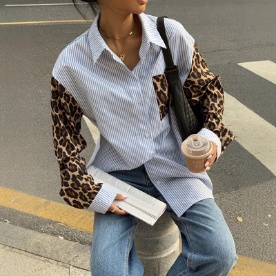 New Relaxed-fit Patchwork Leopard-print Shirt Top