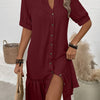Womens Solid-Color Single-Breasted New Puff-Sleeve Dress