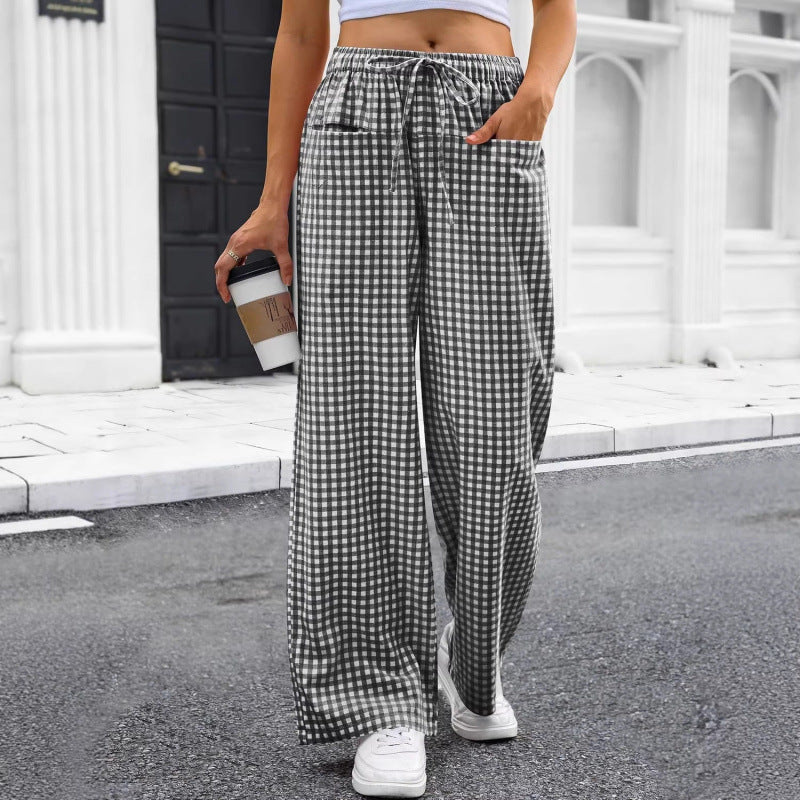 Pantaloni Loungeleisure Gessati a Vita Alta con Gamba Larga e Coulisse