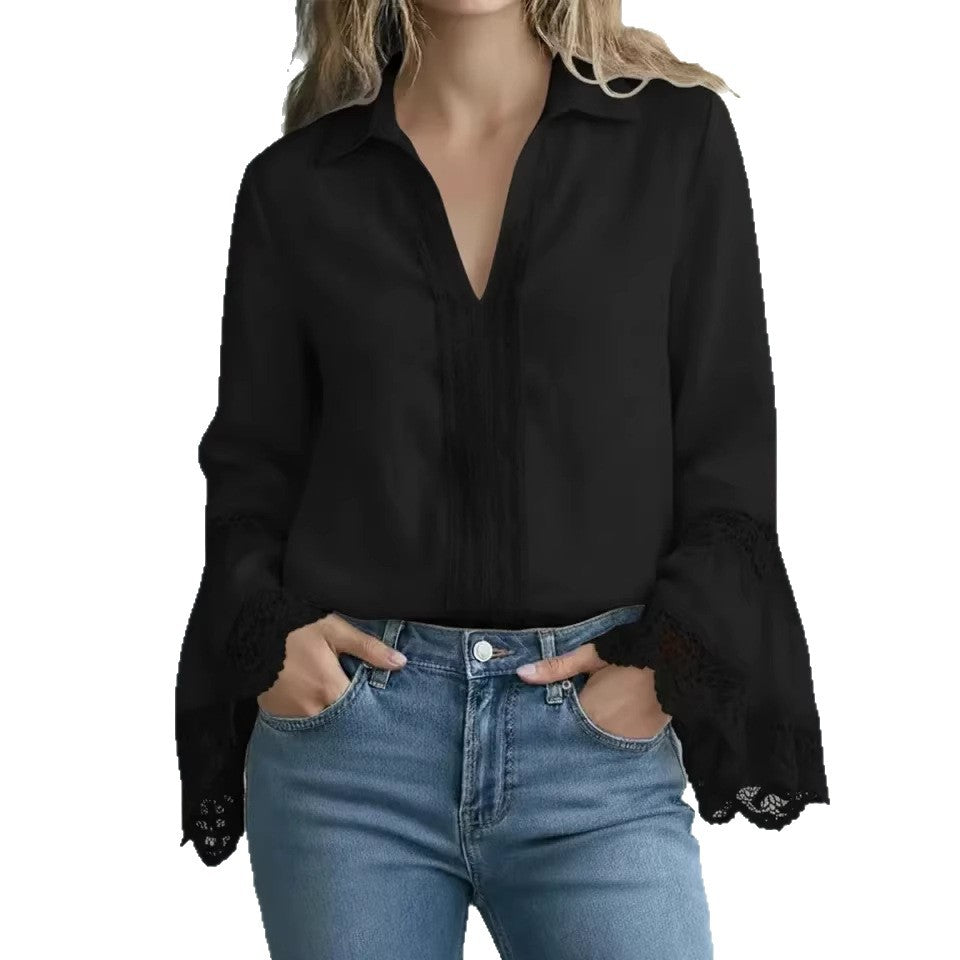 Elegante blusa di cotone con finiture in pizzo e modello pullover