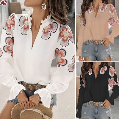 Fashion V-neck Puff Sleeve Ruffled Printed Solid Color Blouse