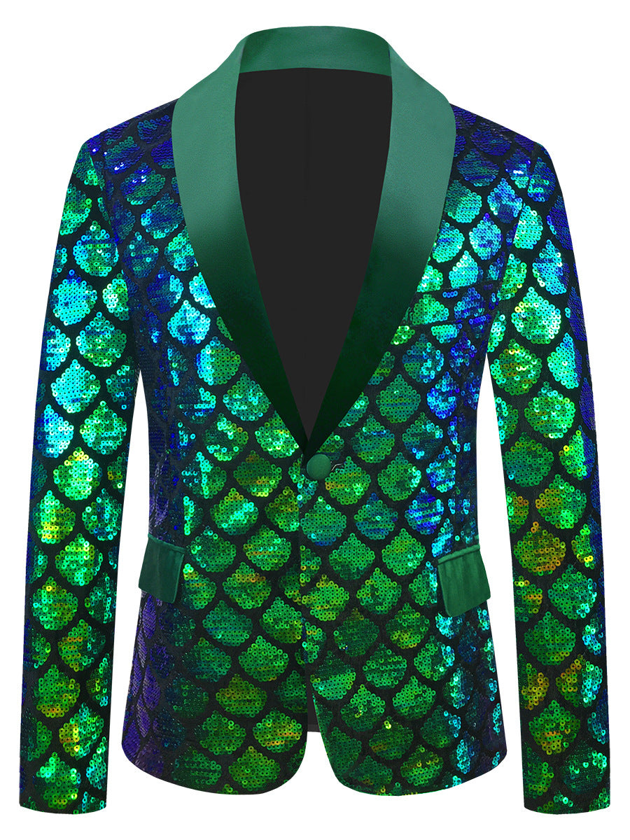 Costume maschile in velluto colorato con paillettes a squame reversibili