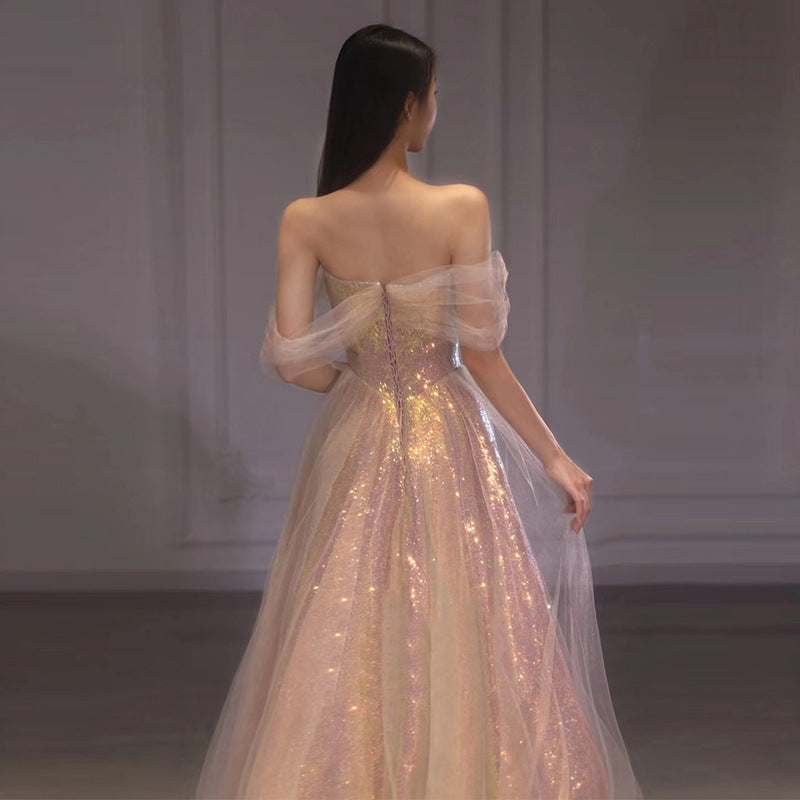 Abito da sera da donna a sirena con spalle scoperte, per banchetti e feste annuali, in nuova maglia modellante