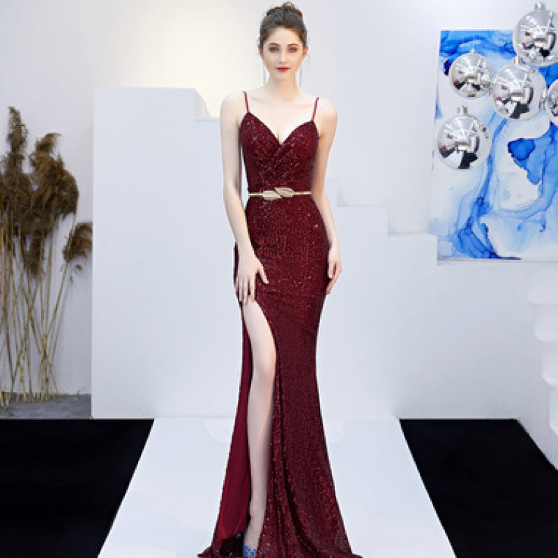 Nuovo Banchetto Elegante Riunione Annuale Lungo Host Profondo V Sexy Abito da Sera a Sirena con Paillettes