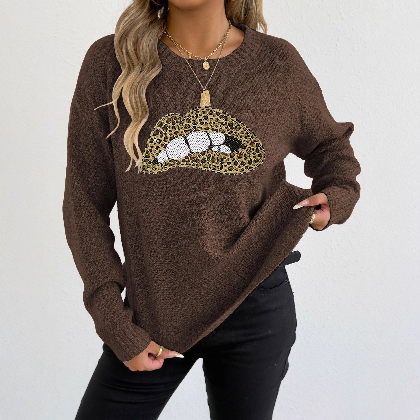 Female Leopard Print Embroidered Sequins Lips Personality Crew Neck Pullover Sweater