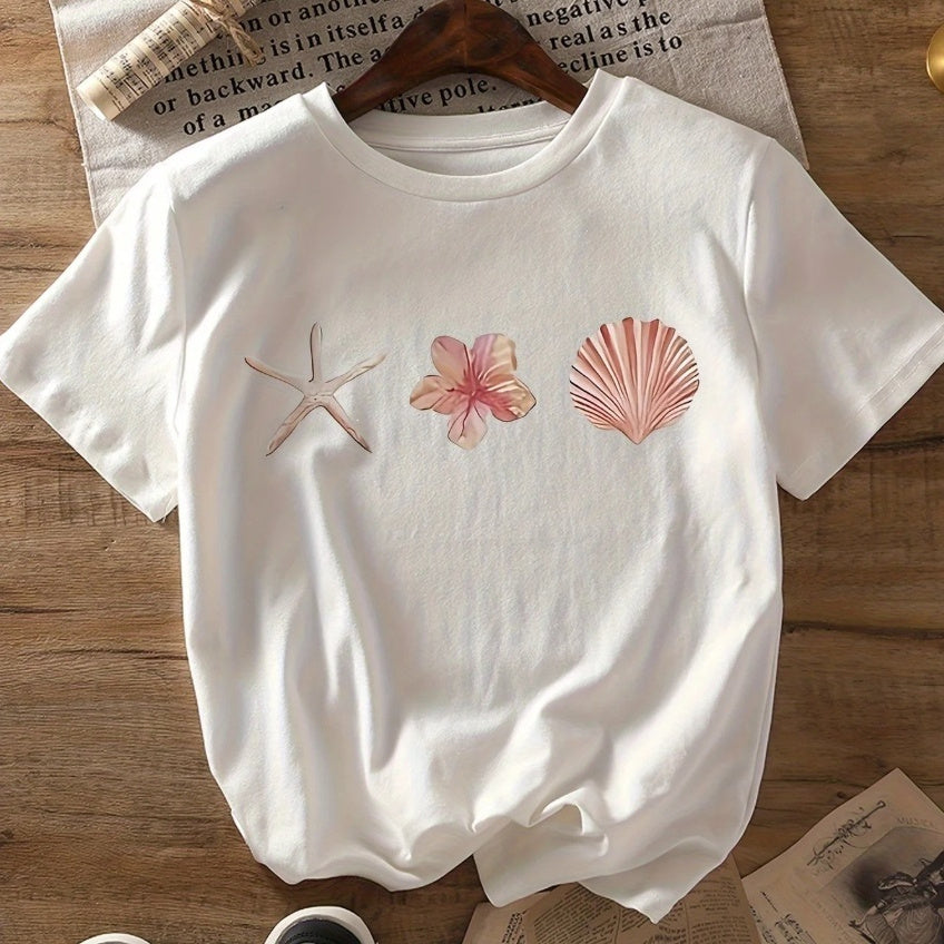 T-shirt casual a maniche corte da donna con stampa stelle marine e conchiglie